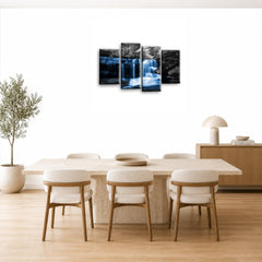 LR Waterfall Wall Art Picture – Grey, Blue & Duck Egg Forest Framed 4 Panel Split Canvas Print | Ready to Hang | Modern Wall Art for Living Room, Bedroom & Office