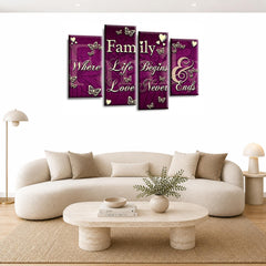 LR Family Love Quote Wall Art Picture – Purple & Cream Framed 4 Panel Split Canvas Print | Ready to Hang | Modern Wall Art for Living Room, Bedroom & Office