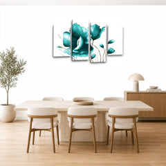 LR Floral Teal Rose Wall Art Picture – White Framed 4 Panel Split Canvas Print | Ready to Hang | Modern Wall Art for Living Room, Bedroom & Office