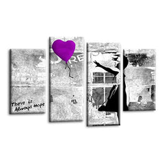 LR Banksy Heart Wall Art Picture – Purple & Grey Graffiti Art Framed 4 Panel Split Canvas Print | Ready to Hang | Modern Wall Art for Living Room, Bedroom & Office