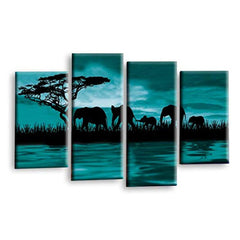 LR Elephant Sunset Wall Art Picture – Grey & Teal African Framed 4 Panel Split Canvas Print | Ready to Hang | Modern Wall Art for Living Room, Bedroom & Office
