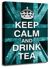 LR Keep Calm Wall Art Canvas Picture Drink Tea Teal White Union Jack Home Framed Panel Print Ready to Hang