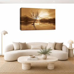 LR Landscape Wall Art Picture – Cream & Brown Mountain Lake Framed Canvas Print | Ready to Hang | Modern Wall Art for Living Room, Bedroom & Office