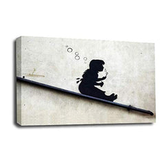 LR Banksy Bubble Girl Wall Art Picture – Grey & White Graffiti Art Framed Canvas Print | Ready to Hang | Modern Wall Art for Living Room, Bedroom & Office