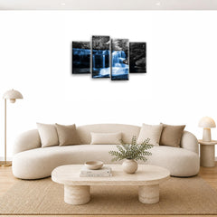 LR Waterfall Wall Art Picture – Grey, Blue & Duck Egg Forest Framed 4 Panel Split Canvas Print | Ready to Hang | Modern Wall Art for Living Room, Bedroom & Office