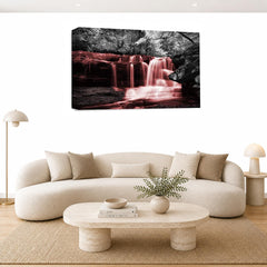 LR Red Waterfall Wall Art Picture – Grey & White Forest Framed Canvas Print | Ready to Hang | Modern Wall Art for Living Room, Bedroom & Office