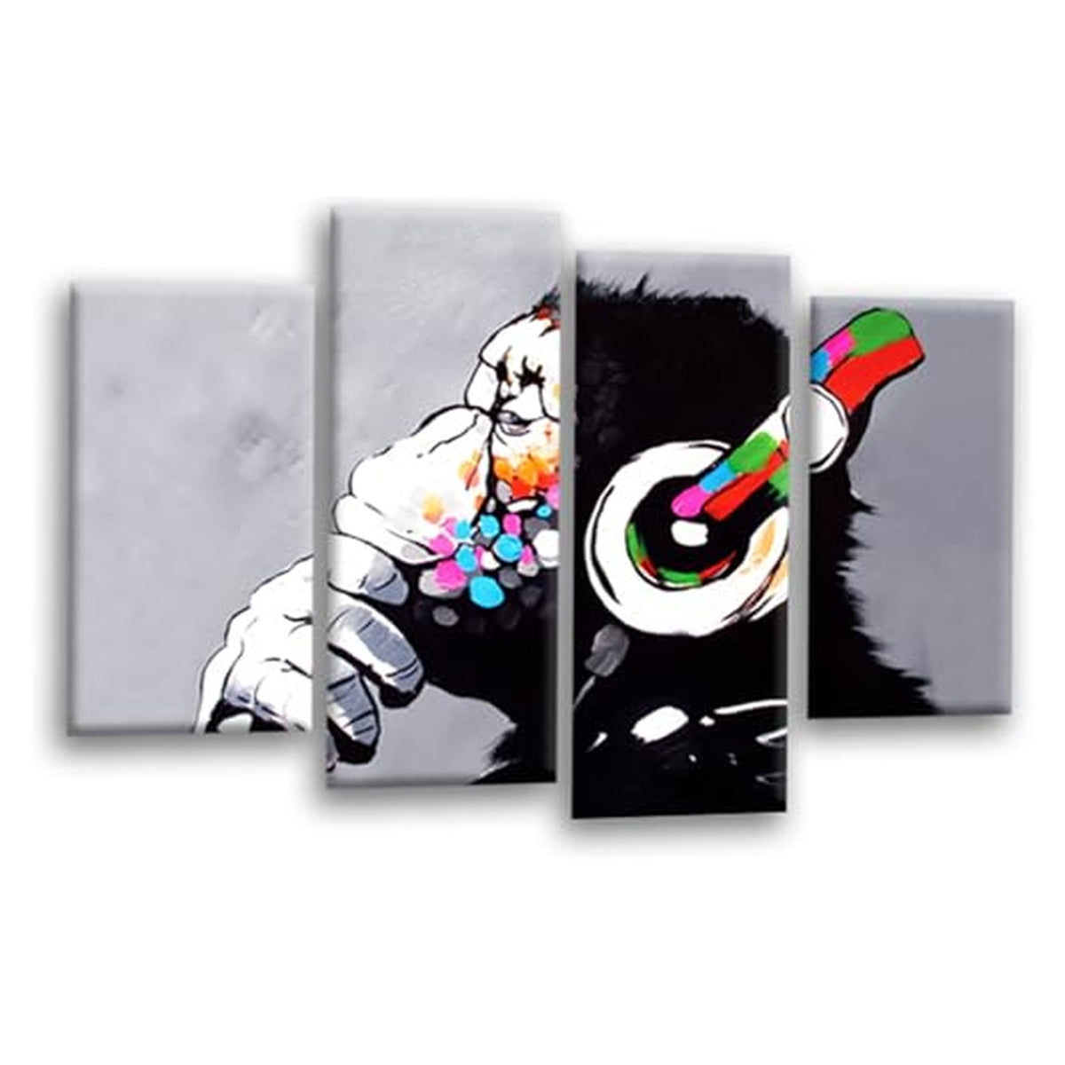LR DJ Monkey Banksy Wall Art Picture – Graffiti Art Framed 4 Panel Split Canvas Print | Ready to Hang | Modern Wall Art for Living Room, Bedroom & Office