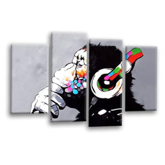 LR DJ Monkey Banksy Wall Art Picture – Graffiti Art Framed 4 Panel Split Canvas Print | Ready to Hang | Modern Wall Art for Living Room, Bedroom & Office