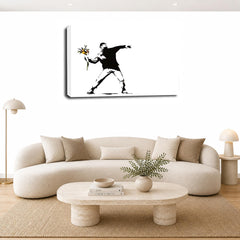 LR Banksy Flower Thrower Wall Art Picture – Grey & White Floral Framed Canvas Print | Ready to Hang | Modern Wall Art for Living Room, Bedroom & Office