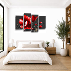 LR Floral Rose Grey Red Flower Wall Art Picture Framed 4 Panel Split Canvas Print | Ready to Hang | Modern Wall Art for Living Room, Bedroom & Office