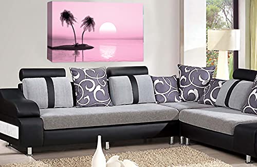 LR Sunset Beach Wall Art Pink Palm Trees Tropical Island Framed Canvas Picture Ready to Hang