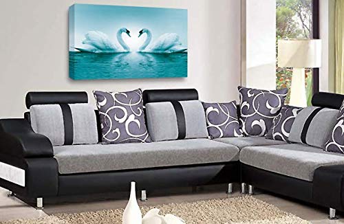 Love Heart Swans Wall Art Picture Teal White Kissing Framed Canvas Panel Print Ready to Hang