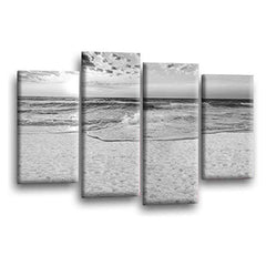 LR Sunset Beach Wall Art Picture – Grey & White Seascape Framed 4 Panel Split Canvas Print | Ready to Hang | Modern Wall Art for Living Room, Bedroom & Office