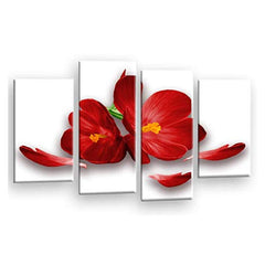 LR Floral Rose Orchid Wall Art Picture – Red & White Framed 4 Panel Split Canvas Print | Ready to Hang | Modern Wall Art for Living Room, Bedroom & Office