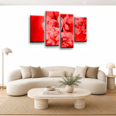 LR Floral Rose Wall Art Picture – Red & Cream Framed 4 Panel Split Canvas Print | Ready to Hang | Modern Wall Art for Living Room, Bedroom & Office