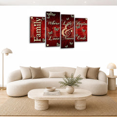 LR Family Love Quote Wall Art Picture – Red & Cream Framed 4 Panel Split Canvas Print | Ready to Hang | Modern Wall Art for Living Room, Bedroom & Office
