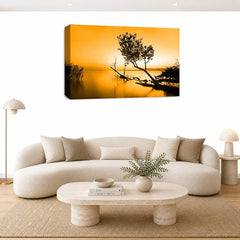 LR Seascape Landscape Sunset Wall Art Picture – Grey & Orange Framed Canvas Print | Ready to Hang | Modern Wall Art for Living Room, Bedroom & Office