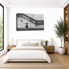 LR Banksy Balloon Girl Wall Art Picture – Grey & Red Graffiti Art Framed Canvas Print | Ready to Hang | Modern Wall Art for Living Room, Bedroom & Office