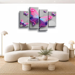 LR Butterfly Heart Wall Art Picture – Grey & Pink Floral Abstract Framed 4 Panel Split Canvas Print | Ready to Hang | Modern Wall Art for Living Room, Bedroom & Office