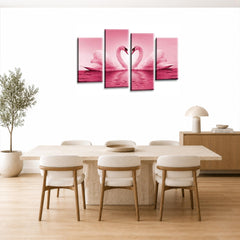 LR Love Heart Swans Wall Art Picture – Pink, Cream & White Framed 4 Panel Split Canvas Print | Ready to Hang | Modern Wall Art for Living Room, Bedroom & Office