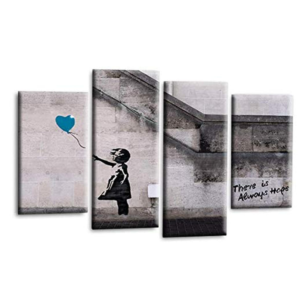 LR Banksy Heart Wall Art Picture – Grey & Teal Graffiti Art Framed 4 Panel Split Canvas Print | Ready to Hang | Modern Wall Art for Living Room, Bedroom & Office