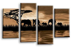 LR Elephant Sunset Wall Art Picture Brown Cream Animal Africa Framed Split Canvas Print Ready to Hang