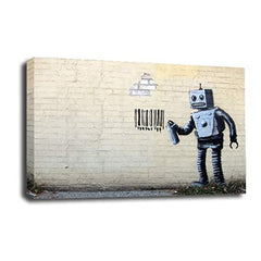 LR Banksy Robot Wall Art Picture – Grey & White Graffiti Art Framed Canvas Print | Ready to Hang | Modern Wall Art for Living Room, Bedroom & Office