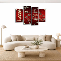 LR Love Wall Art Picture – Red & Cream Family Quote Framed 4 Panel Split Canvas Print | Ready to Hang | Modern Wall Art for Living Room, Bedroom & Office
