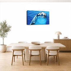 LR Swimming Blue Dolphin Wall Art Picture – Seascape Framed Canvas Print | Ready to Hang | Modern Wall Art for Living Room, Bedroom & Office