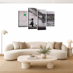 LR Banksy Heart Wall Art Picture – Grey & Green Graffiti Art Framed 4 Panel Split Canvas Print | Ready to Hang | Modern Wall Art for Living Room, Bedroom & Office
