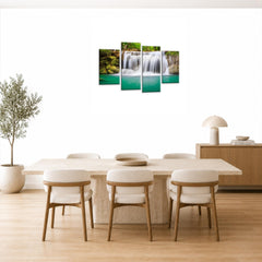 LR Waterfall Wall Art Picture – Teal, Black & White Forest Framed 4 Panel Split Canvas Print | Ready to Hang | Modern Wall Art for Living Room, Bedroom & Office