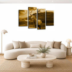 LR Highland Scottish Stag Wall Art Picture – Cream & Brown Framed 4 Panel Split Canvas Print | Ready to Hang | Modern Wall Art for Living Room, Bedroom & Office