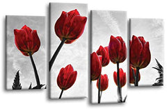 LR Floral Rose Tulip Wall Art Picture Flower Grey Red Framed Split Print Ready to Hang