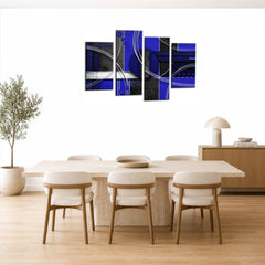 LR Abstract Wall Art Picture – Grey, Blue & White Modern Framed 4 Panel Split Canvas Print | Ready to Hang | Modern Wall Art for Living Room, Bedroom & Office