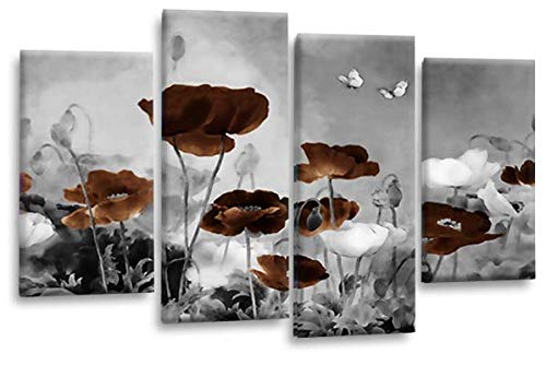 LR Floral Wall Art Picture – Grey & Brown Poppy Framed 4 Panel Split Canvas Print | Ready to Hang | Modern Wall Art for Living Room, Bedroom & Office