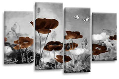 LR Floral Wall Art Picture – Grey & Brown Poppy Framed 4 Panel Split Canvas Print | Ready to Hang | Modern Wall Art for Living Room, Bedroom & Office