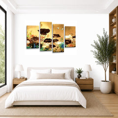LR Floral Rose Poppy Wall Art Picture – Cream & Brown Framed 4 Panel Split Canvas Print | Ready to Hang | Modern Wall Art for Living Room, Bedroom & Office