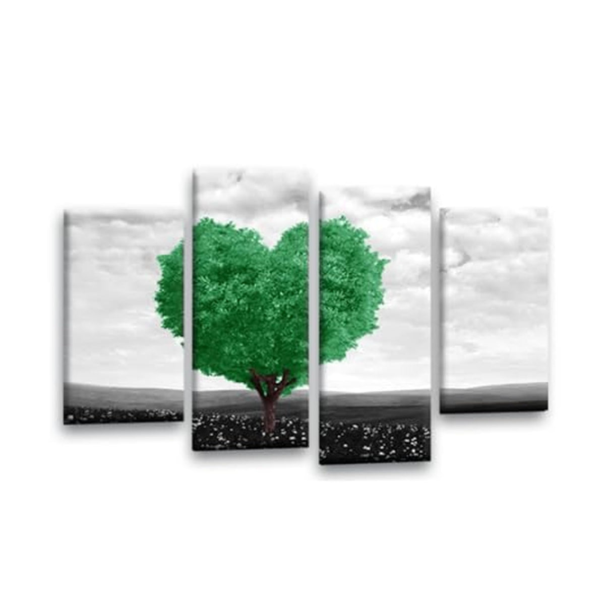 LR Floral Love Heart Wall Art Picture – Grey & Green Tree Framed 4 Panel Split Canvas Print | Ready to Hang | Modern Wall Art for Living Room, Bedroom & Office