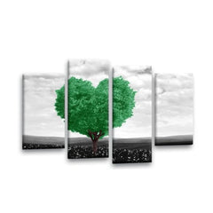 LR Floral Love Heart Wall Art Picture – Grey & Green Tree Framed 4 Panel Split Canvas Print | Ready to Hang | Modern Wall Art for Living Room, Bedroom & Office