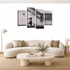 LR Banksy Heart Wall Art Picture – Grey & Green Graffiti Art Framed 4 Panel Split Canvas Print | Ready to Hang | Modern Wall Art for Living Room, Bedroom & Office