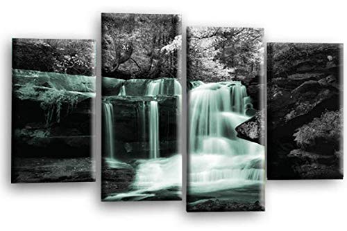 LR Waterfall Wall Art Print Forrest Landscape Duck Egg Grey Framed Split Canvas Picture Ready to Hang