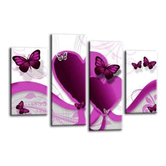 LR Butterfly Heart Wall Art Picture – Purple & White Floral Abstract Framed 4 Panel Split Canvas Print | Ready to Hang | Modern Wall Art for Living Room, Bedroom & Office