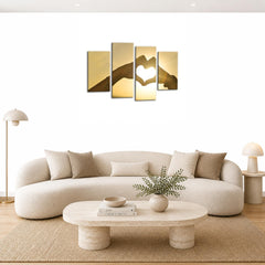 LR Sunset Love Heart Wall Art Picture – Yellow & Gold Framed 4 Panel Split Canvas Print | Ready to Hang | Modern Wall Art for Living Room, Bedroom & Office