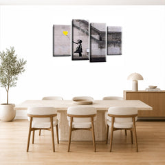 LR Banksy Heart Wall Art Picture – Grey & Yellow Graffiti Art Framed 4 Panel Split Canvas Print | Ready to Hang | Modern Wall Art for Living Room, Bedroom & Office
