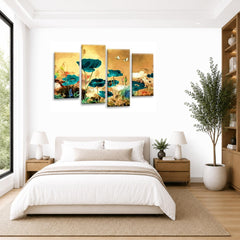 LR Floral Wall Art Picture – Teal & Cream Poppy Framed 4 Panel Split Canvas Print | Ready to Hang | Modern Wall Art for Living Room, Bedroom & Office