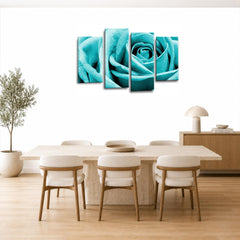 LR Wall Art Floral Teal Rose Artwork Set of 4 Wall Art Picture Framed 4 Panel Split Canvas Print | Ready to Hang | Modern Wall Art for Living Room, Bedroom & Office