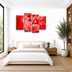 LR Floral Rose Wall Art Picture – Red & Cream Framed 4 Panel Split Canvas Print | Ready to Hang | Modern Wall Art for Living Room, Bedroom & Office