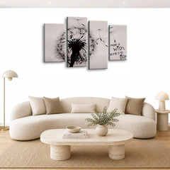 LR Abstract Floral Wall Art Picture – Grey Framed 4 Panel Split Canvas Print | Ready to Hang | Modern Wall Art for Living Room, Bedroom & Office