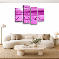 LR Love Beach Wall Art Picture – Purple & Grey Sunset Seascape Framed 4 Panel Split Canvas Print | Ready to Hang | Modern Wall Art for Living Room, Bedroom & Office