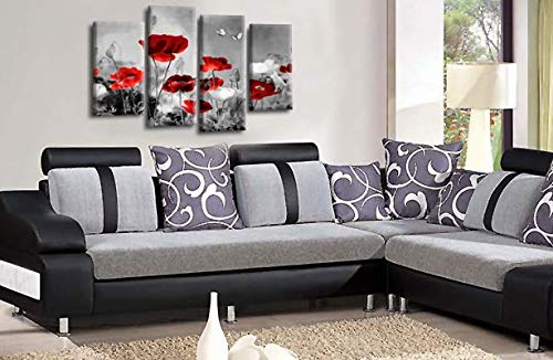 LR Floral Wall Art Grey Red Chinese Poppy Flower Canvas Split Picture Love Landscape Print